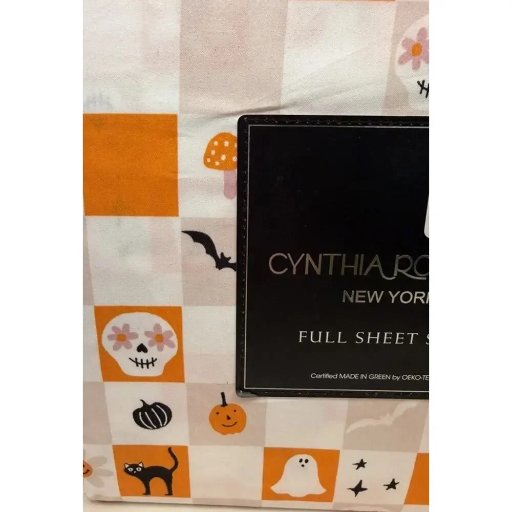 Cynthia Rowley FULL Halloween Sheets Checked Orange‎ & Pink Sheet Set NEW NWT
